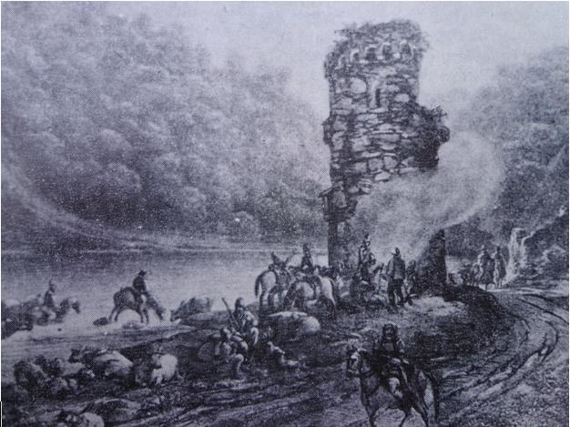 Drumul pe Valea Oltului şi ruinele turnului de pază. Litografie din anul 1830 de Franz Neuhauser